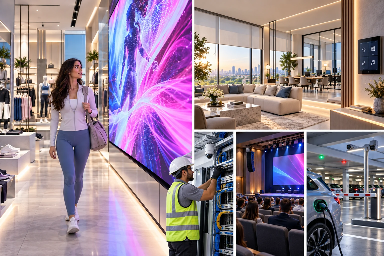 Retail LED signage with a model, automated home and office, ELV technician, auditorium sound and lighting, EV charging and managed parking